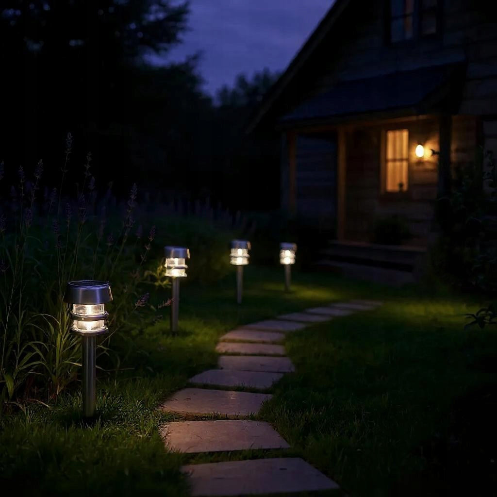 Rinkinys 4 saulės šviestuvų su sutemų jutikliu, įsmeigiamas į žemę