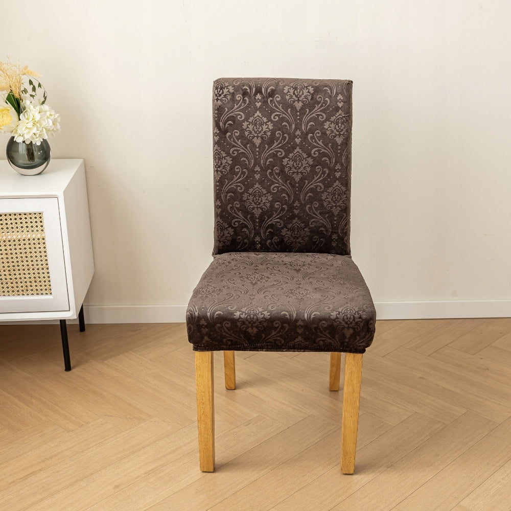 4 VNT. VELIŪRINĖ KĖDĖS DĖKLŲ KOMPLEKTAS UNIVERSALUS KĖDĖMS OEKO TEX RUDOS SPALVOS