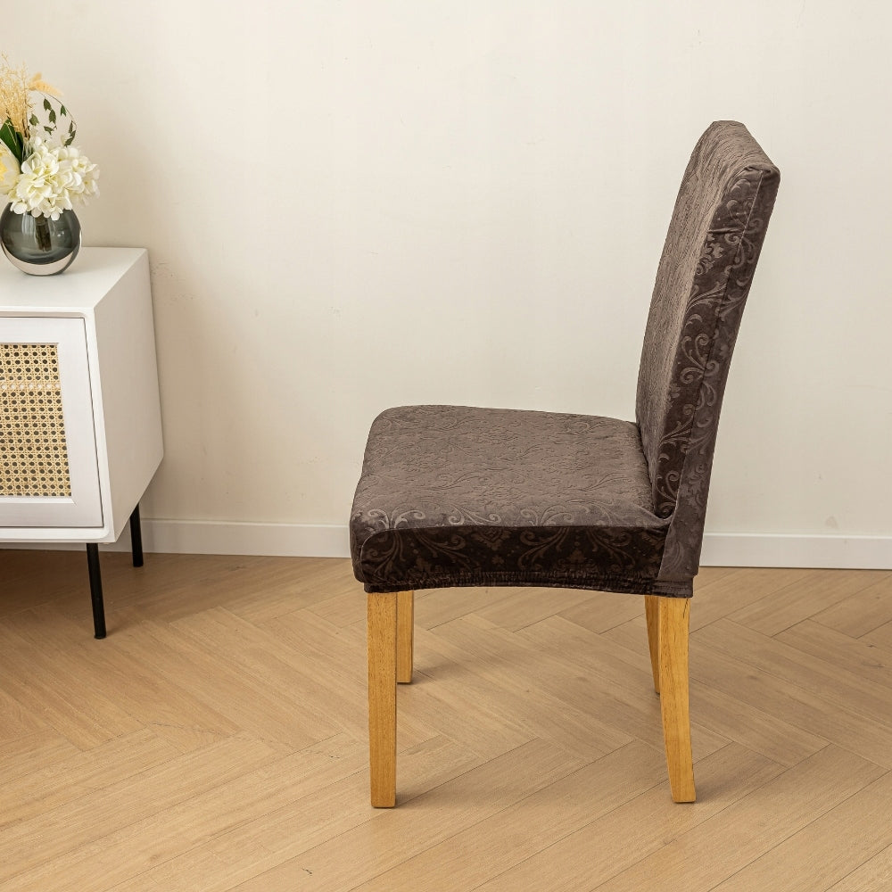 4 VNT. VELIŪRINĖ KĖDĖS DĖKLŲ KOMPLEKTAS UNIVERSALUS KĖDĖMS OEKO TEX RUDOS SPALVOS