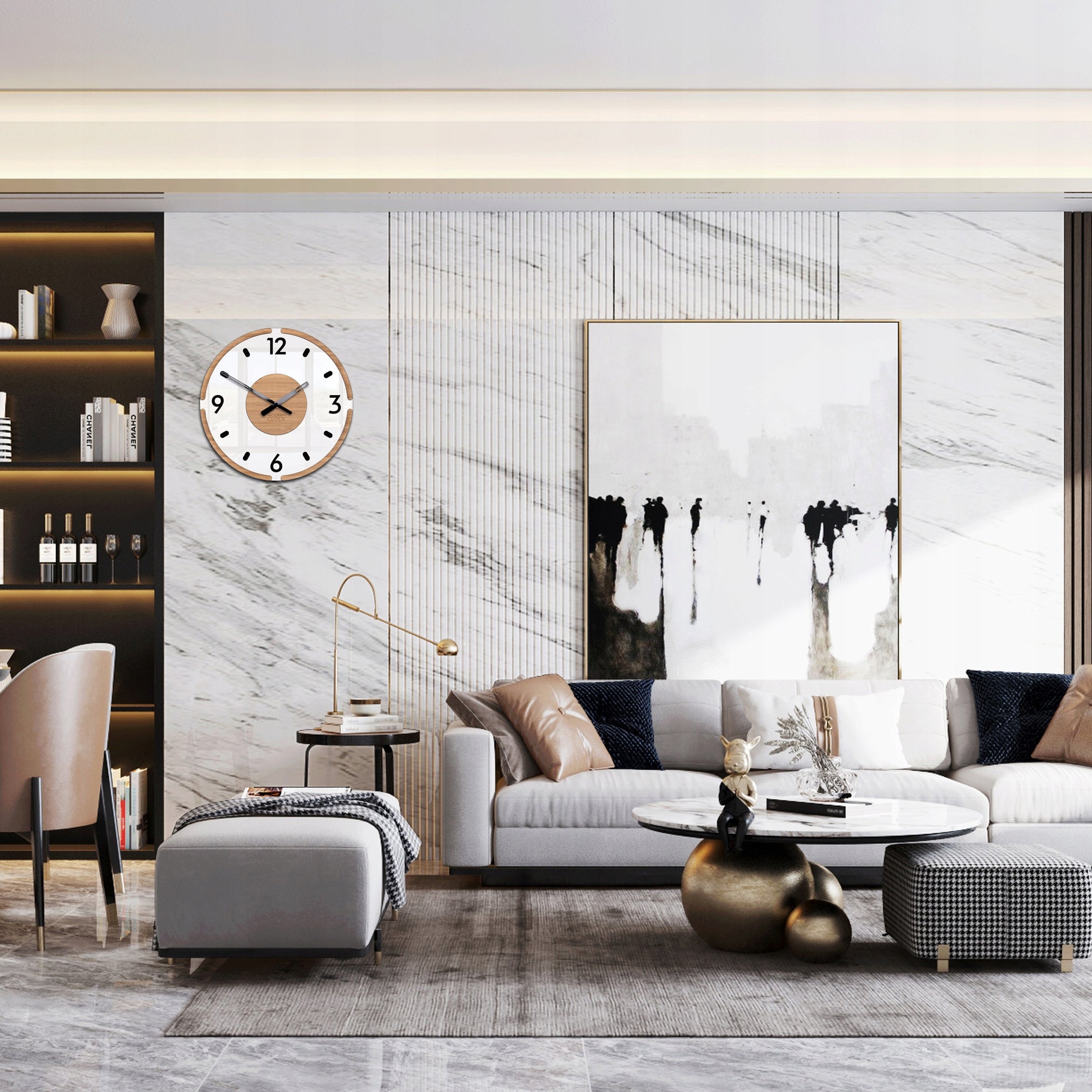 Sieninis laikrodis DUBAI 30 cm – tylus mechanizmas, „premium scandi 3D“ dizainas