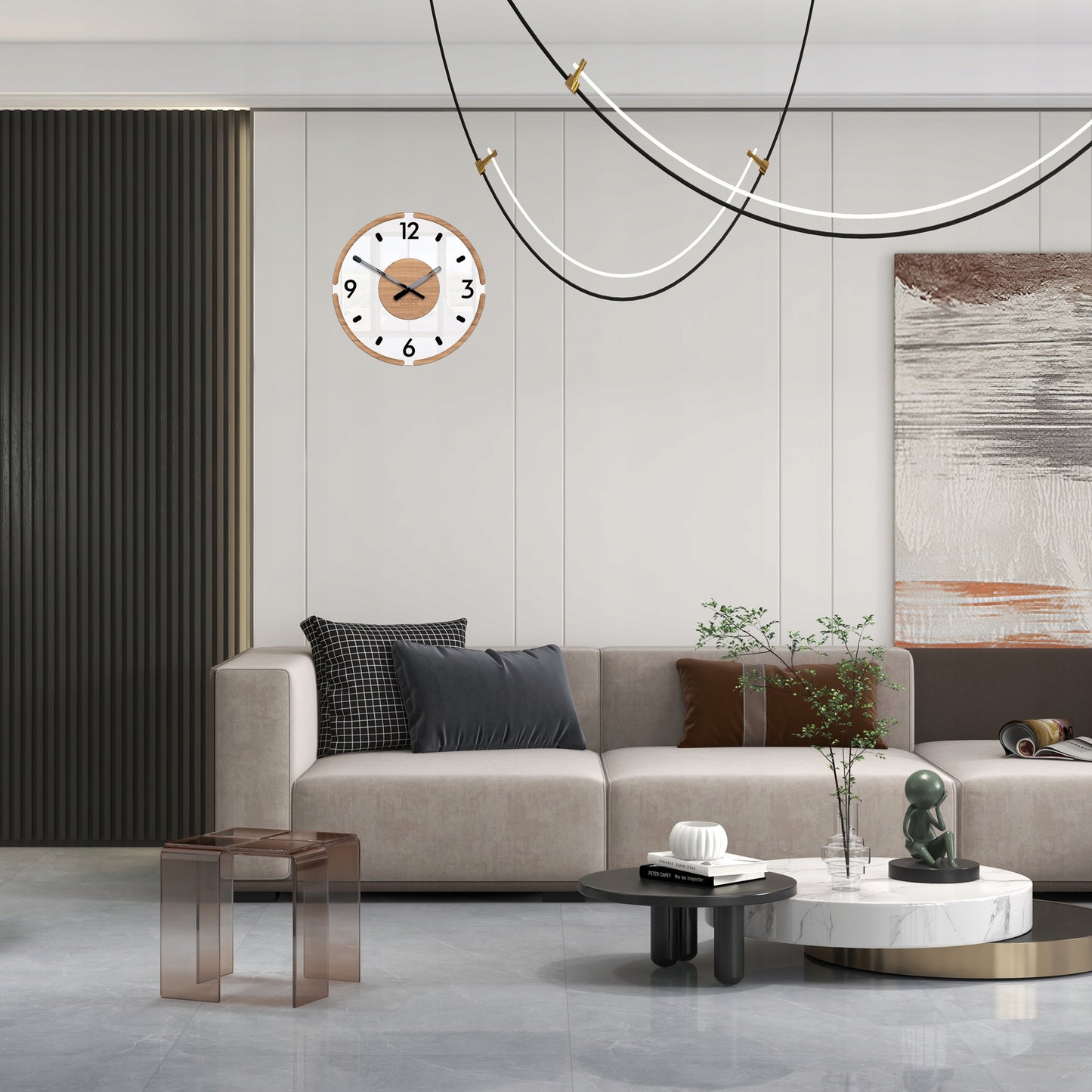 Sieninis laikrodis DUBAI 30 cm – tylus mechanizmas, „premium scandi 3D“ dizainas