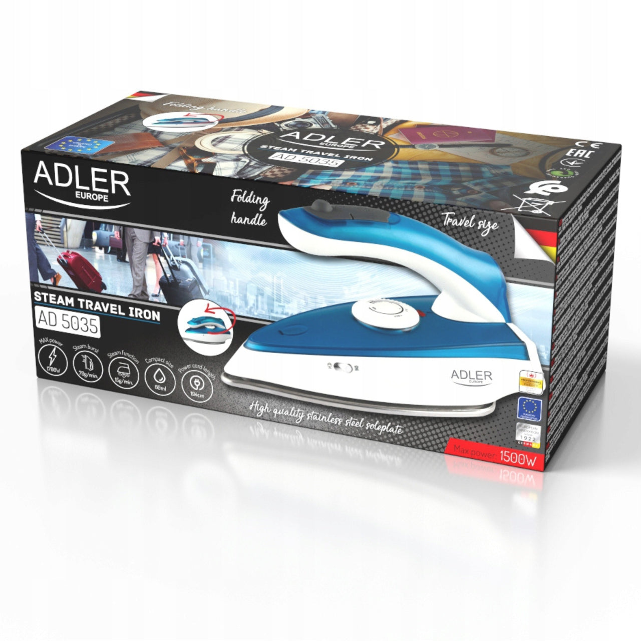 Mažas kelioninis garinis lygintuvas Adler, sulankstomas, nešiojamas