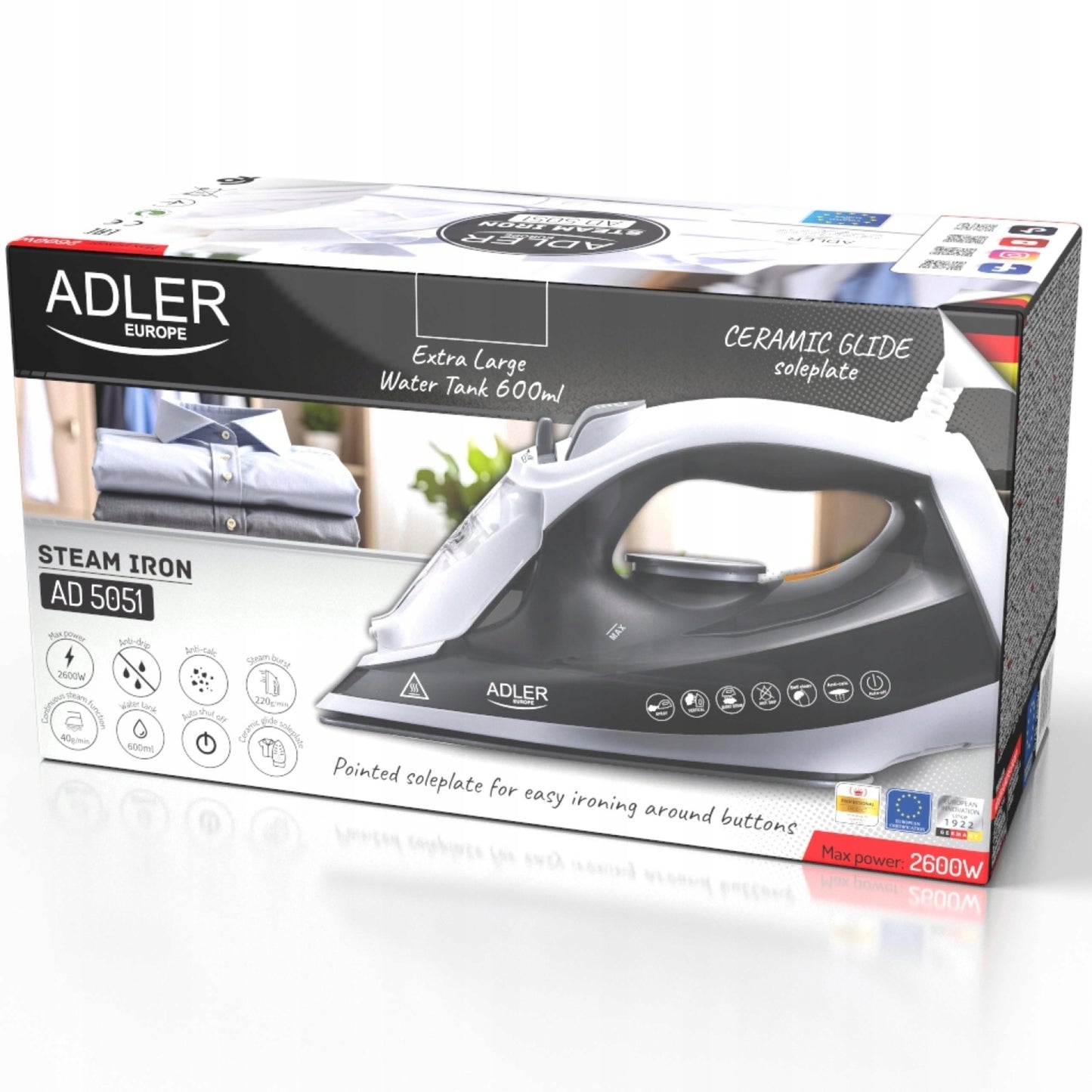 Galingas 2600W garinis lygintuvas Strażak su ANTI-CALC ir ANTI-DRIP funkcijomis, vertikaliam lyginimui