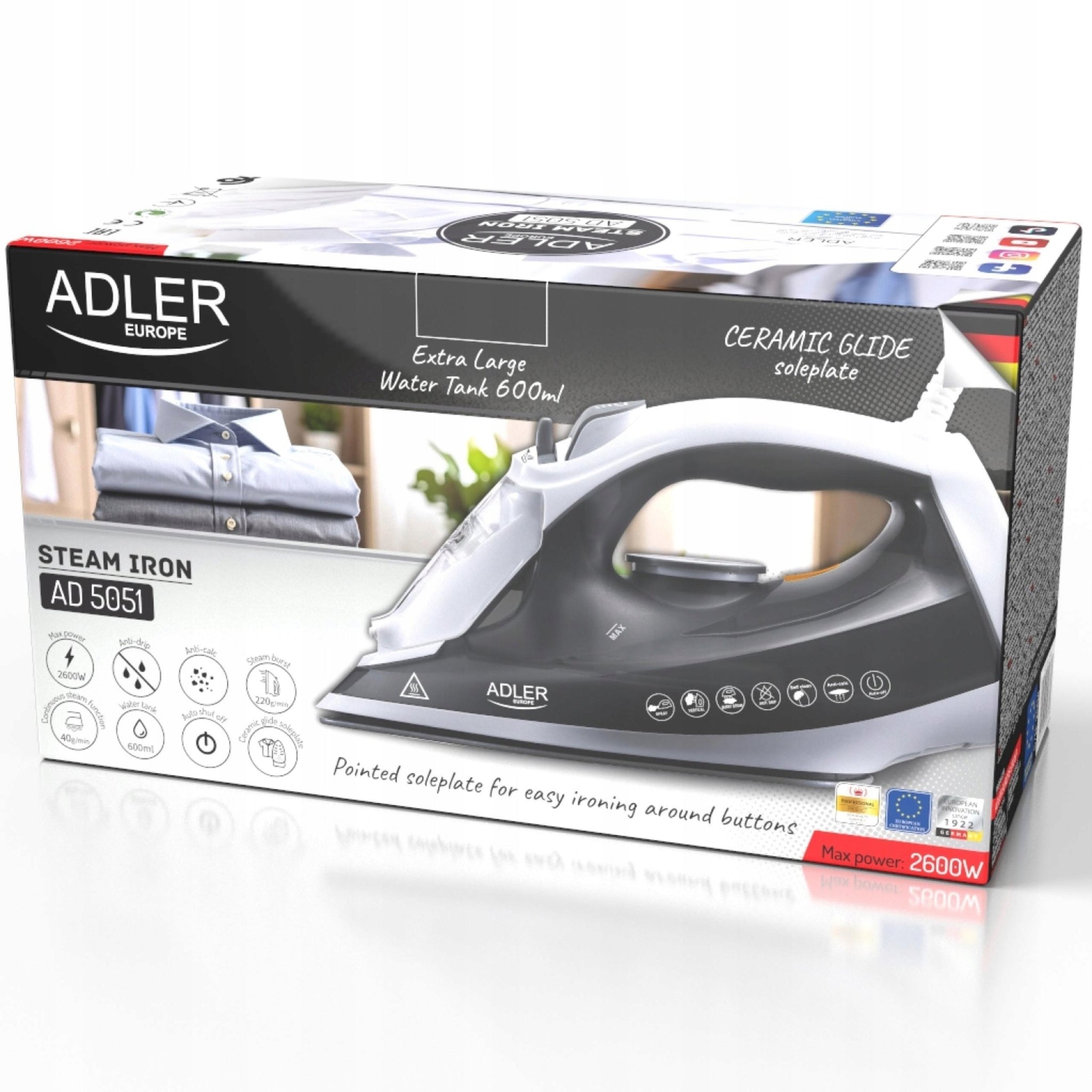 Galingas 2600W garinis lygintuvas Strażak su ANTI-CALC ir ANTI-DRIP funkcijomis, vertikaliam lyginimui