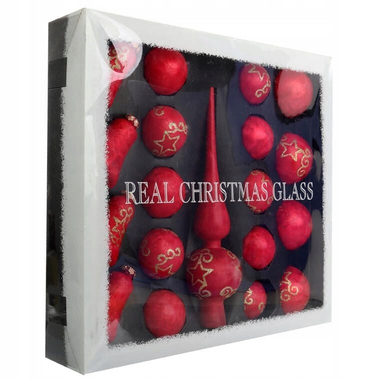 Rinkinys 18 raudonų stiklinių burbulų su viršūne Kalėdoms Papuošimas