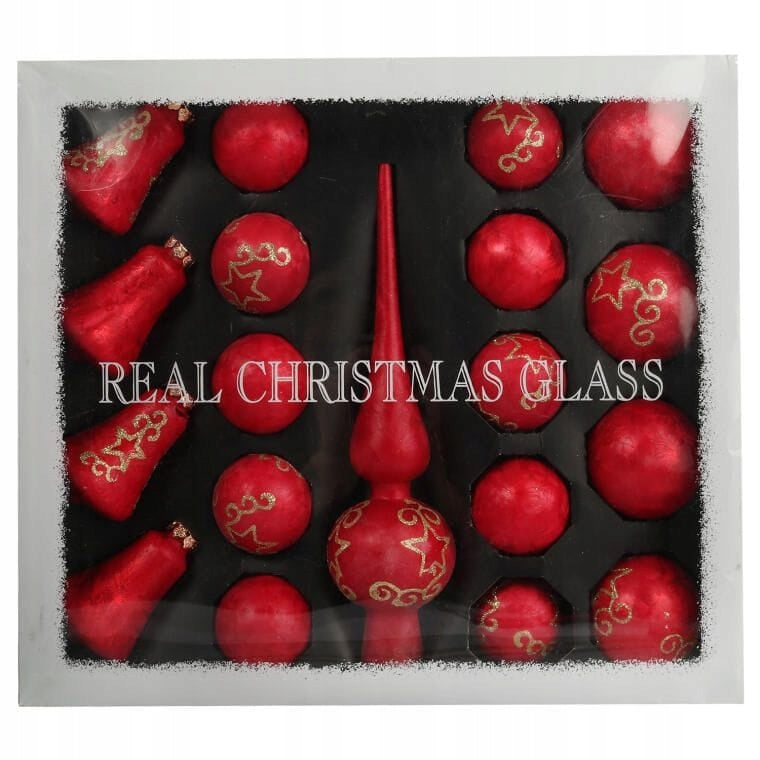 Rinkinys 18 raudonų stiklinių burbulų su viršūne Kalėdoms Papuošimas