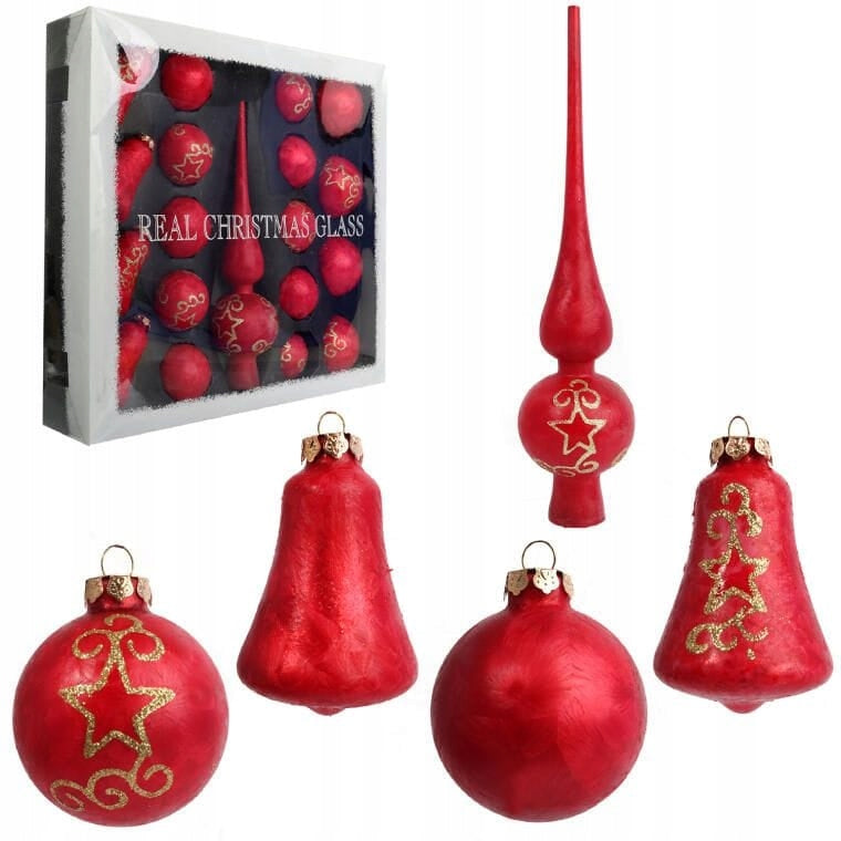 Rinkinys 18 raudonų stiklinių burbulų su viršūne Kalėdoms Papuošimas