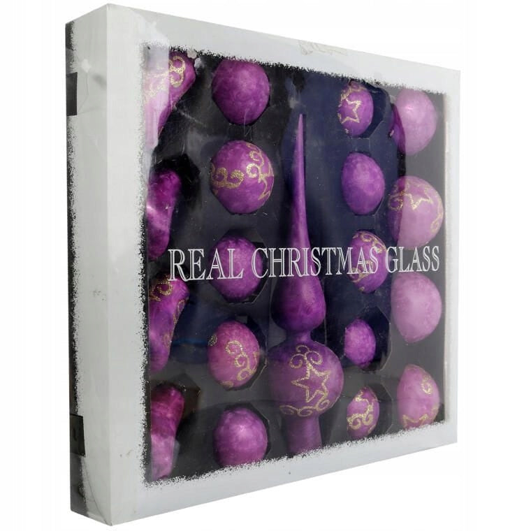 18 stiklinių burbulų rinkinys su viršūnėle, violetinis KALĖDOS ANT KALĖDINĖS EGLĖS