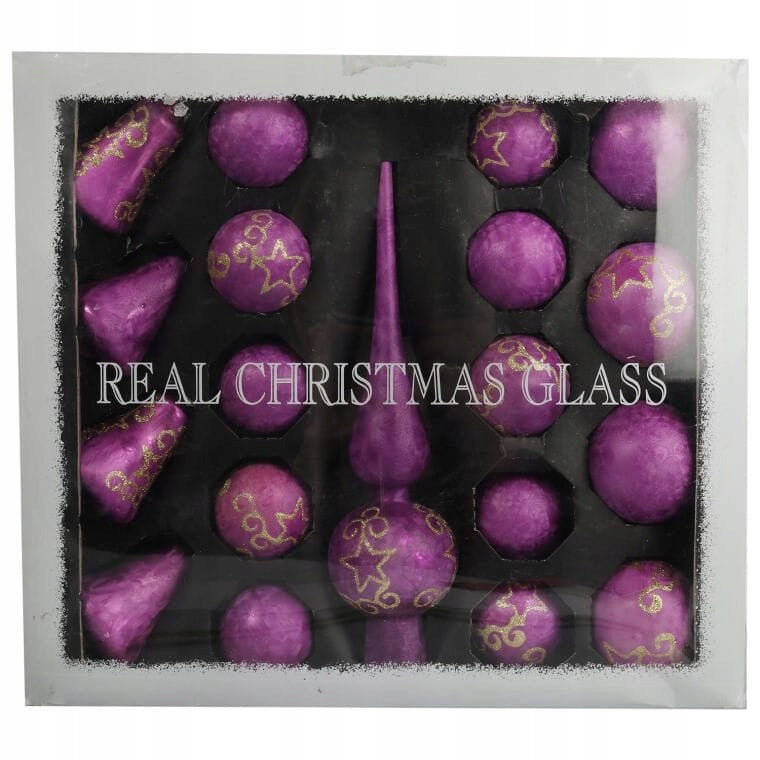 18 stiklinių burbulų rinkinys su viršūnėle, violetinis KALĖDOS ANT KALĖDINĖS EGLĖS