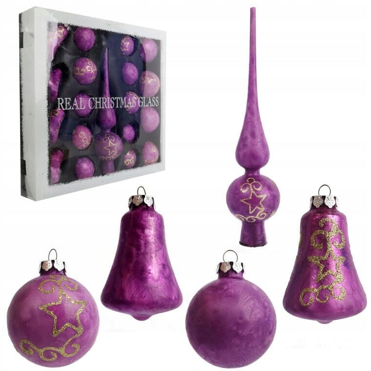 18 stiklinių burbulų rinkinys su viršūnėle, violetinis KALĖDOS ANT KALĖDINĖS EGLĖS