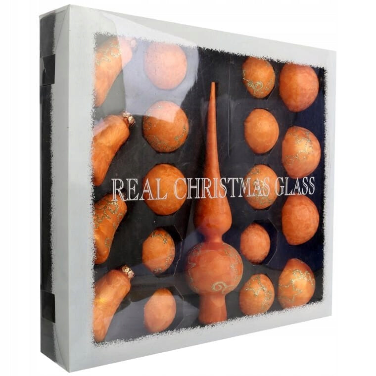 18 stikliniai burbulai su oranžiniu viršūne, Kalėdinė dekoracija