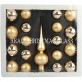 Rinkinys 18 stiklinių kalėdinių kamuoliukų su auksine viršūne II KALĖDINĖMS DEKORACIJOMS