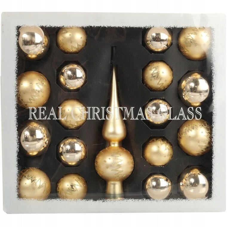 Rinkinys 18 stiklinių kalėdinių kamuoliukų su auksine viršūne II KALĖDINĖMS DEKORACIJOMS