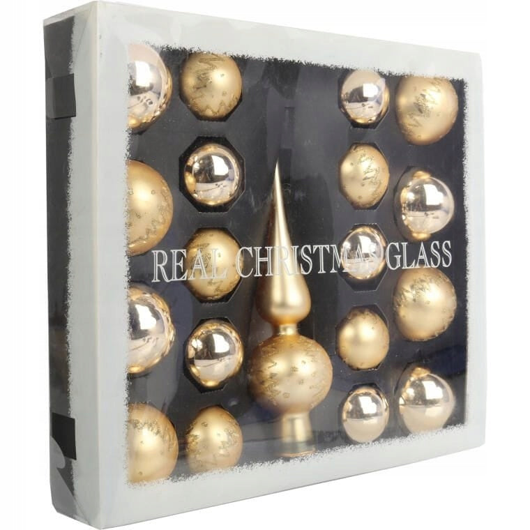 Rinkinys 18 stiklinių kalėdinių kamuoliukų su auksine viršūne II KALĖDINĖMS DEKORACIJOMS