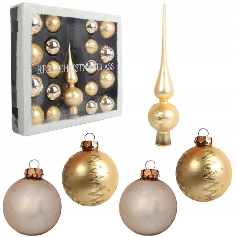 Rinkinys 18 stiklinių kalėdinių kamuoliukų su auksine viršūne II KALĖDINĖMS DEKORACIJOMS