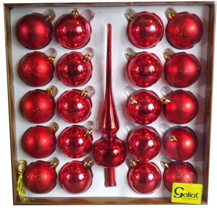 20 raudonų plastikinių kalėdinių burbulų rinkinys su viršūne Kalėdinės dekoracijos