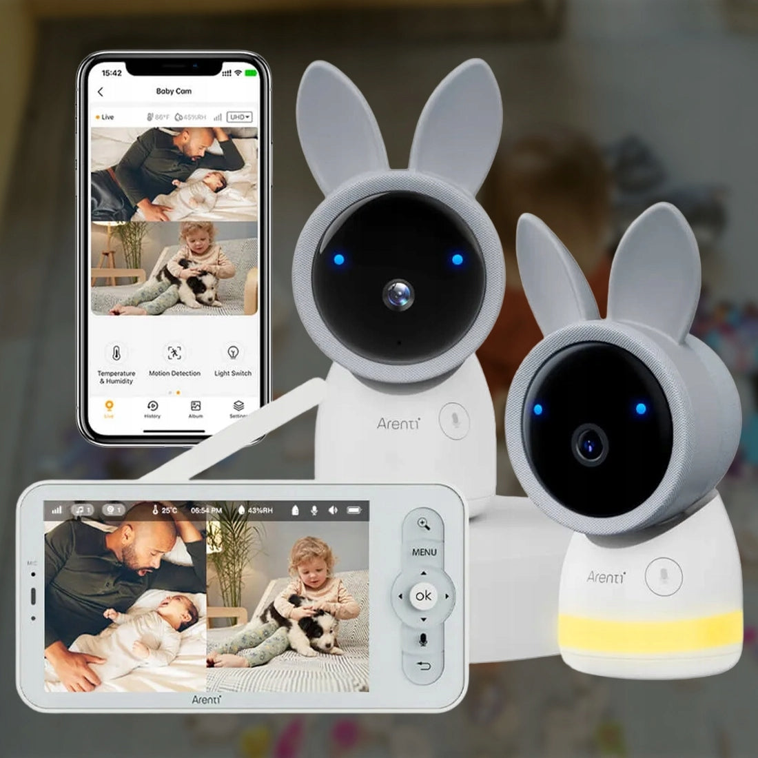 Elektroninės auklės rinkinys su kamera, Wi-Fi ekranu Arenti AInanny, 2 vnt. sukamasis