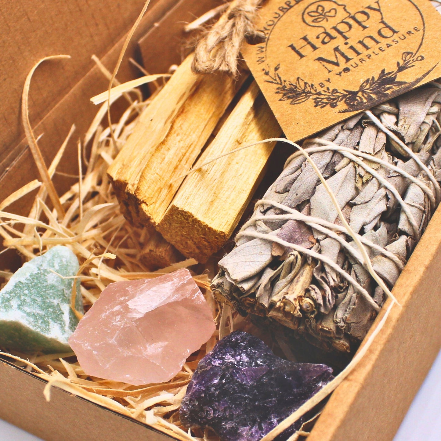 Valymo rinkinys: Palo Santo, šalavijas Akmenys: Ametistas, Kvarcas, Nefritas