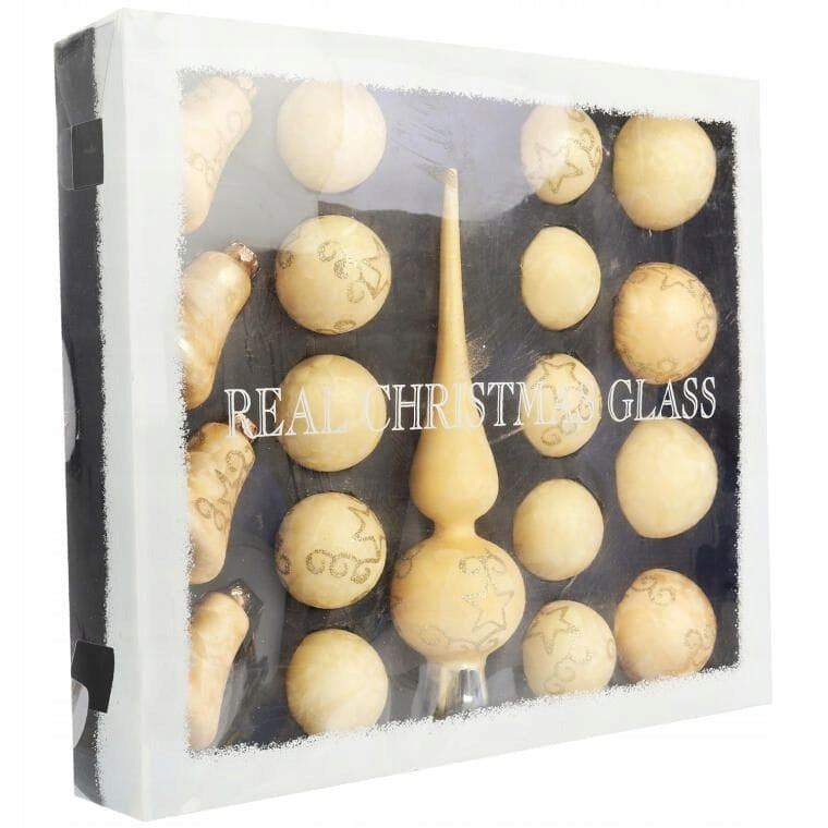 Kalėdinių stiklinių burbulų ir kremas(ės) spalvos viršūnės rinkinys, 18 vnt. DEKORACIJA