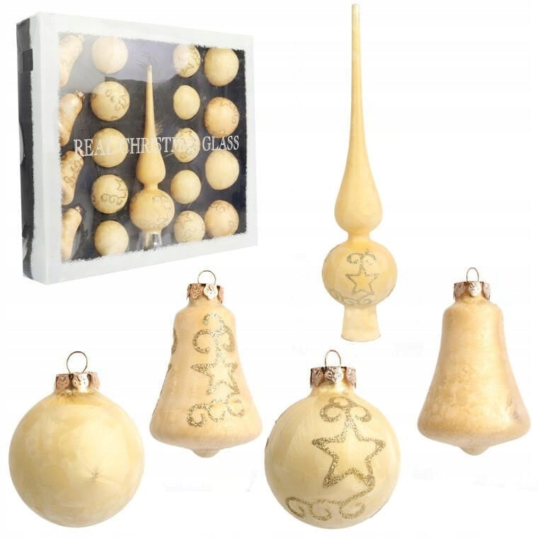 Kalėdinių stiklinių burbulų ir kremas(ės) spalvos viršūnės rinkinys, 18 vnt. DEKORACIJA