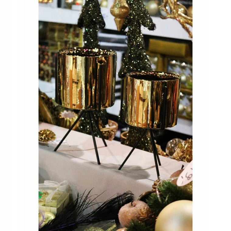 Auksinė keraminė vazono dengiamoji ant metalinio trikojo 30x16cm KALĖDINĖ DEKORACIJA