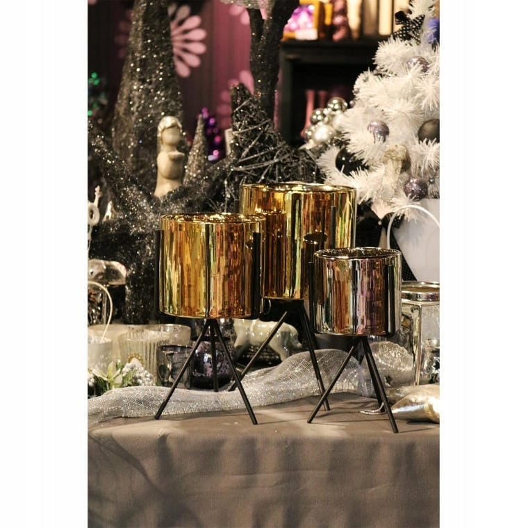 Auksinė keraminė vazono dengiamoji ant metalinio trikojo 30x16cm KALĖDINĖ DEKORACIJA