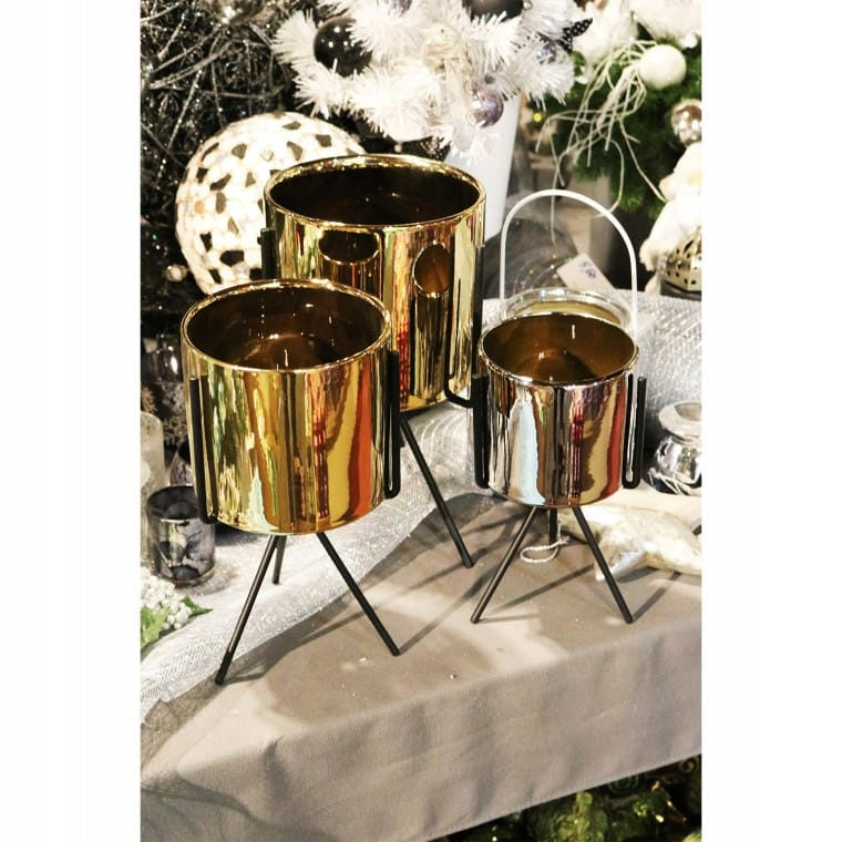 Auksinė keraminė vazono dengiamoji ant metalinio trikojo 30x16cm KALĖDINĖ DEKORACIJA