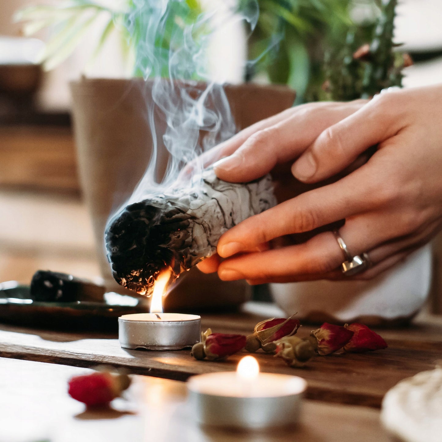 Namų ritualų rinkinys su Palo Santo ir balta šalavija, smilkalai, 7 čakrų apyrankė