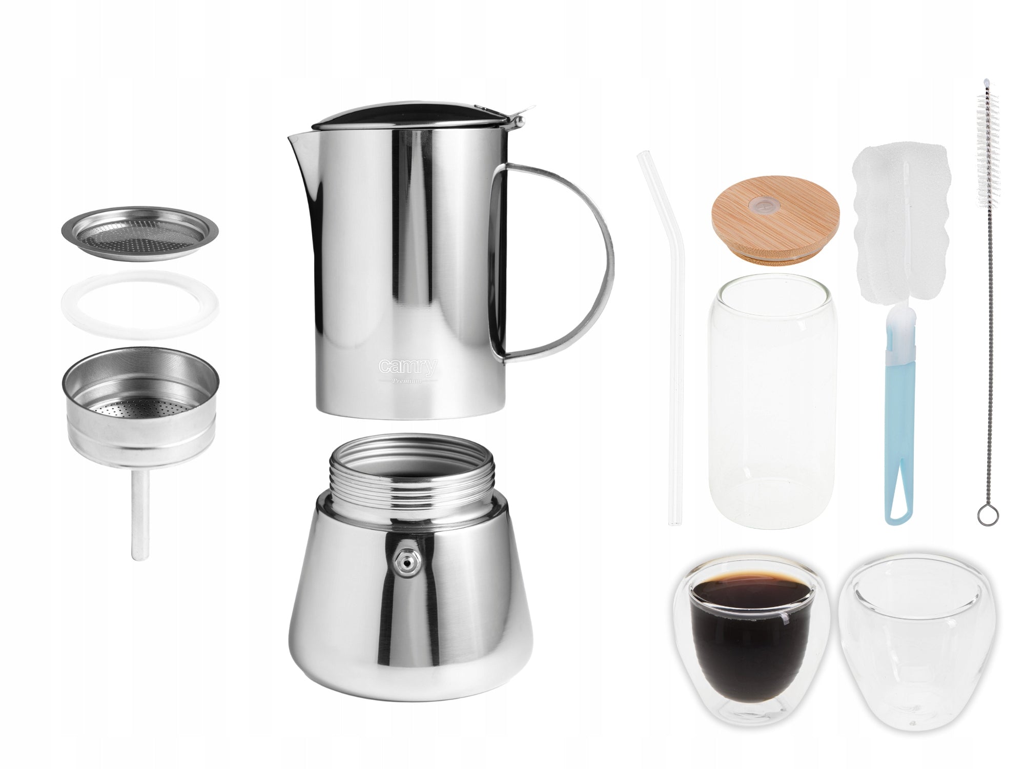 Kavinukas kavos užplikytuvė 500ml Veikia ant indukcijos Dujoms Plieninė + Stiklinės