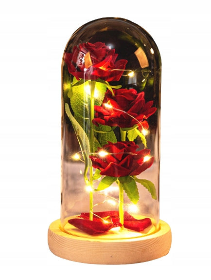 GRAŽI DIRBTINĖ AMŽINA ROŽĖ 3 RÓŽĖS STIKLINĖJE DĖŽUTĖJE, DOVANA DAILUGAI