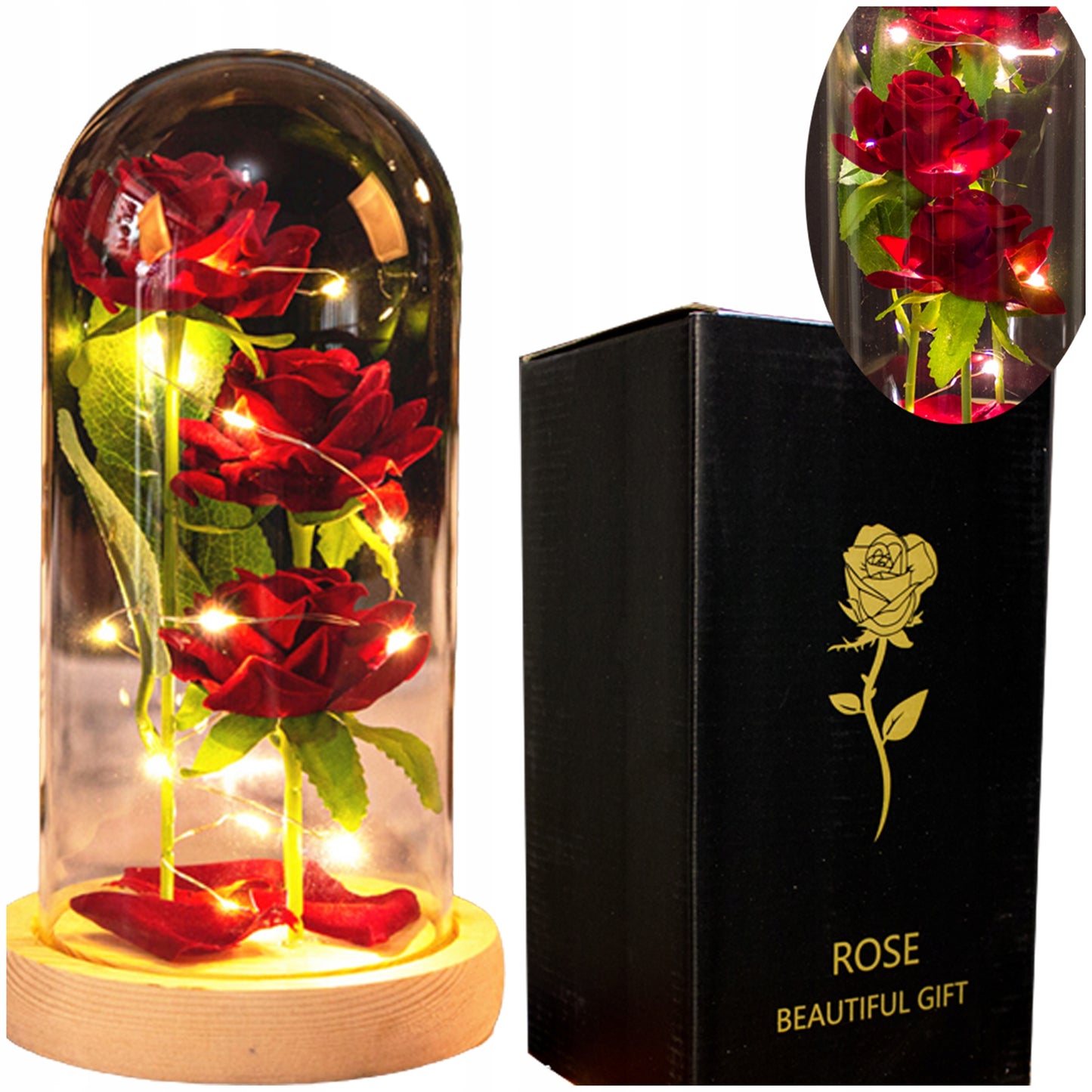 GRAŽI DIRBTINĖ AMŽINA ROŽĖ 3 RÓŽĖS STIKLINĖJE DĖŽUTĖJE, DOVANA DAILUGAI