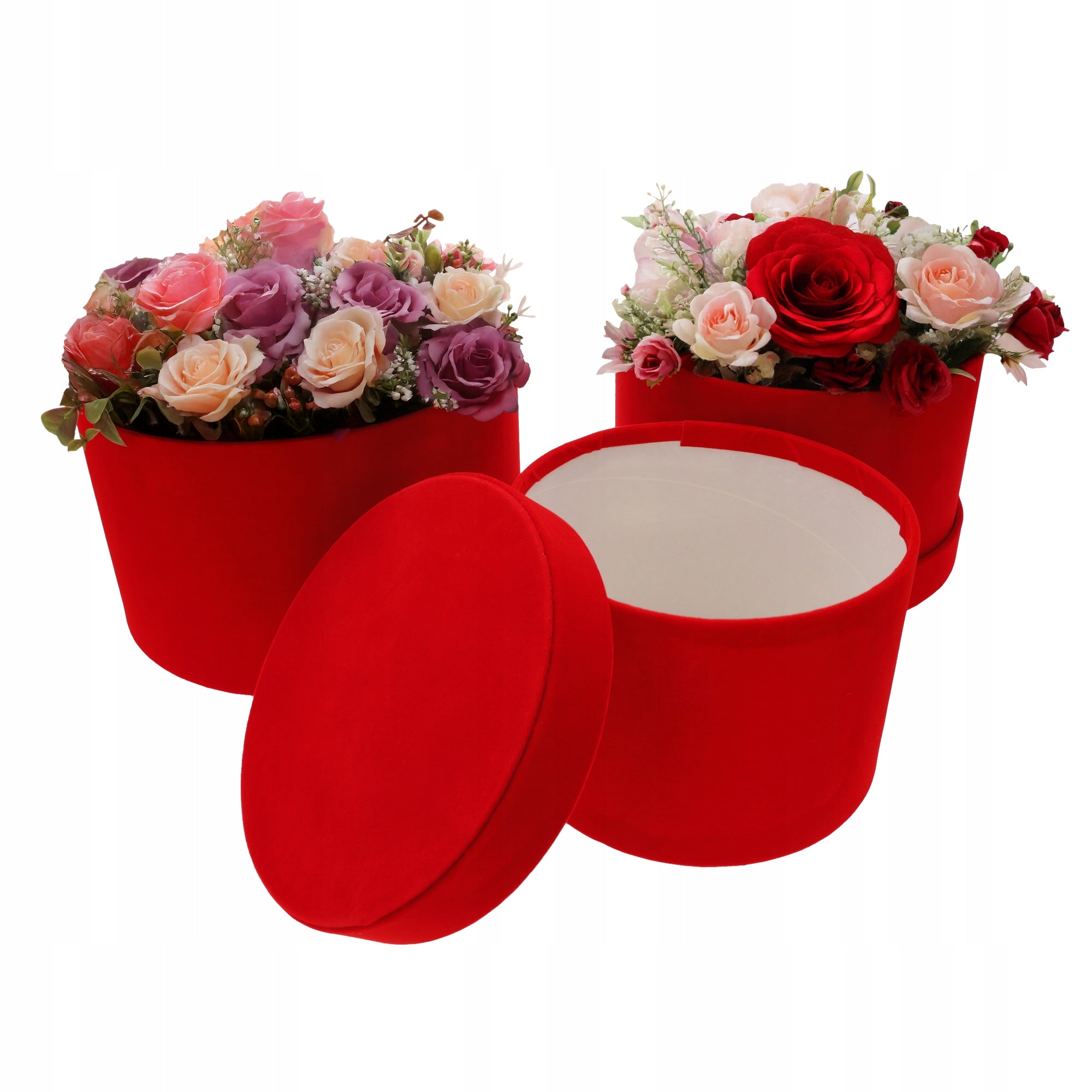 Raudoni veliūriniai gėlių dėžutės su dangteliu, dovanų dėžutės gėlėms, 3 vnt.