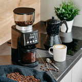 Elektrinis didelis kavos malūnėlis, kūginis malimo mechanizmas, reguliuojamas malimo rupumas