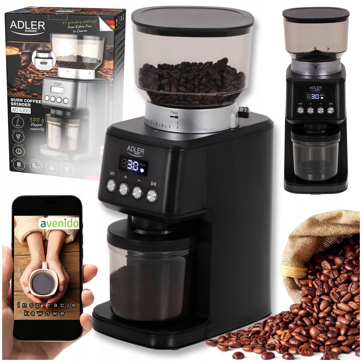 Elektrinis didelis kavos malūnėlis, kūginis malimo mechanizmas, reguliuojamas malimo rupumas